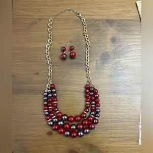 Red and Silver Beaded Necklace and Earring Set
